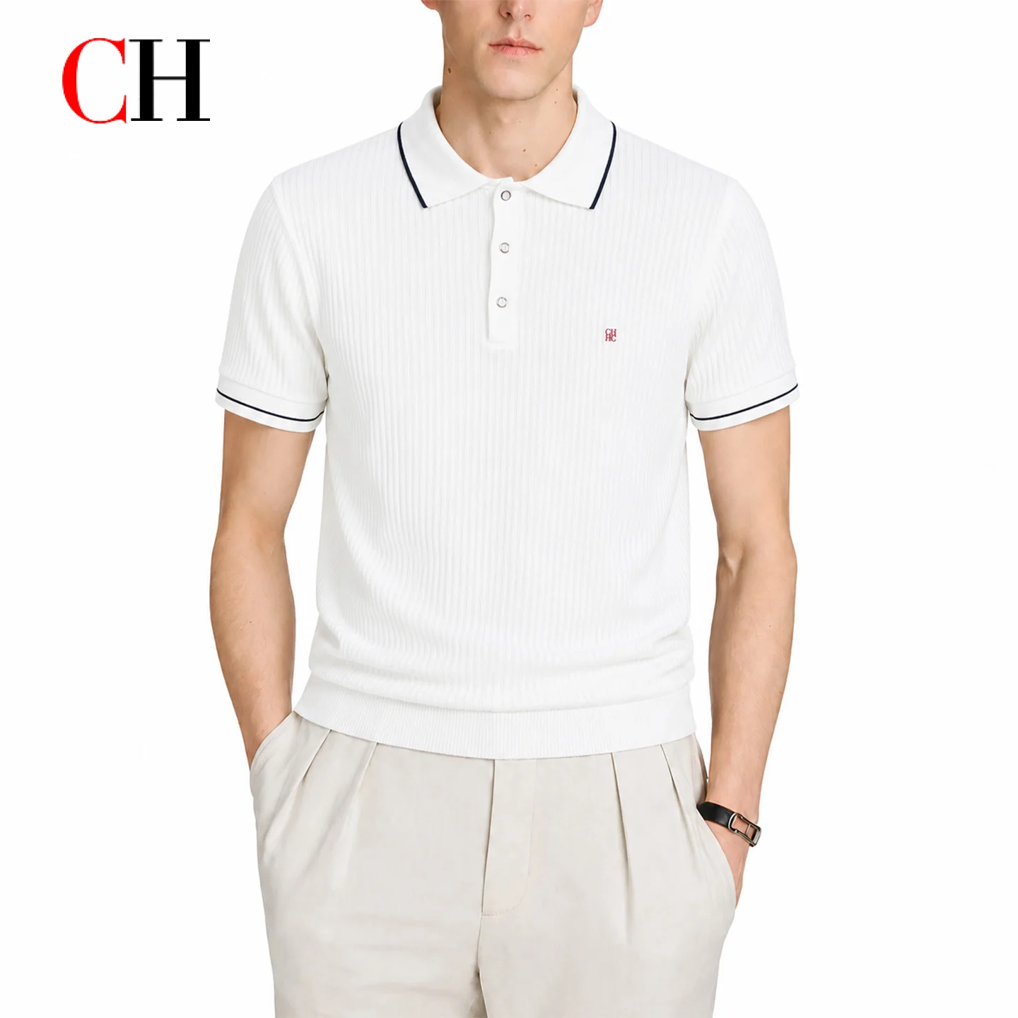 CH Men Classic Vertical Ribbed Knit Polo Shirt Tipped Collar Cuffs Mini Embroidery Smart Casual Daily Commute Wear