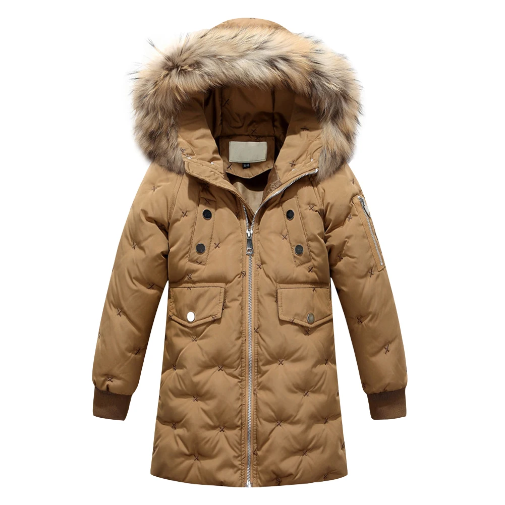 White Duck Down Girls Coat,Kids Winter Down Jacket,Windproof Long Coat,Fur Hoodie Warm Thick Outerwear,Children's Overcoat