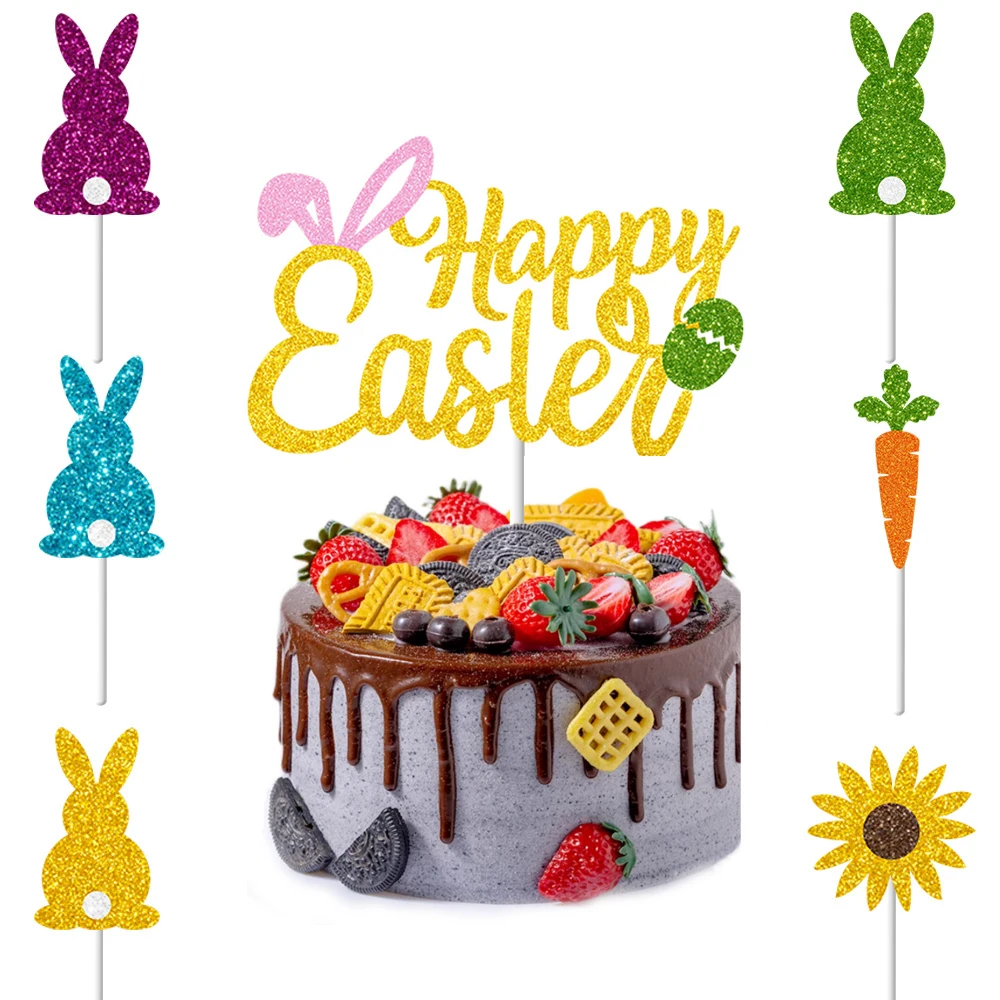 Happy Easter Cake Topper Paper Cupcake Decoration Golden Rabbit Cute Rabbit Carrot Dessert Pick For Spring Easter Party Supplies