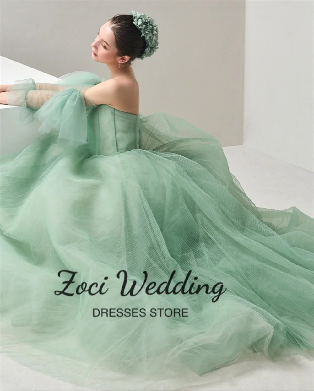 Zoci Sage Green Off Shoulder Korea Wedding Dresses Sweetheart Fairy Tulle Evening Party Dress Photos Shoot Customized Bride Gown