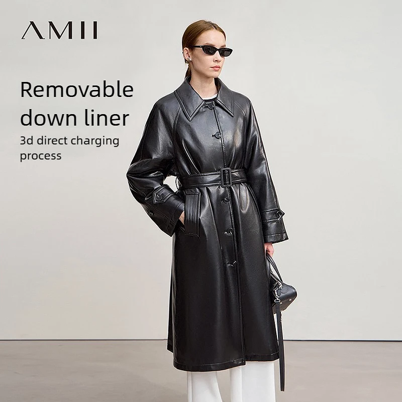 AMII 다운 코트 2025 겨울 신상 벨트 포함 PU 가죽 솔리드 롱 다운 재킷 여성용 따뜻한 싱글 브레스티드 스트레이트 탑 12554039