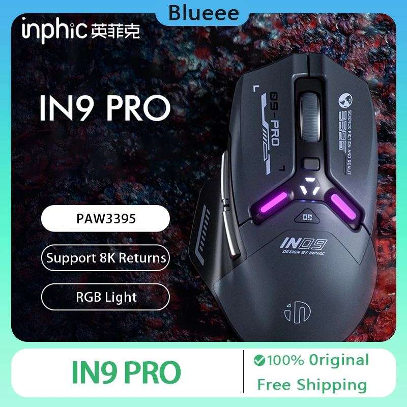 Wireless Mouse Inphic in9pro Gamer Mouse 3Mode USB/2.4G/Bluetooth Rgb 26000dpi Paw3395 Endurance Long Endurance Esport Game