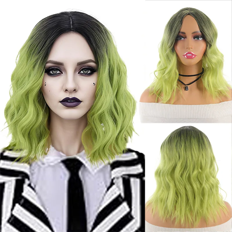

A full-length black and green gradient dyed wig with short curly hair for a female cosplay clown