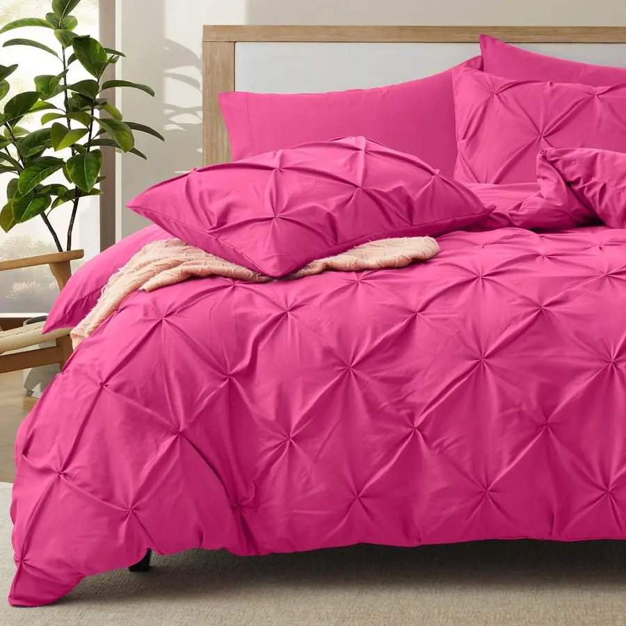 

5 Piece Pinch Pleated Duvet Cover King Size Set, No Comforter, Hot Pink Pintuck Duvet Cover with Zipper amp 8 Ties, Shabby Chic