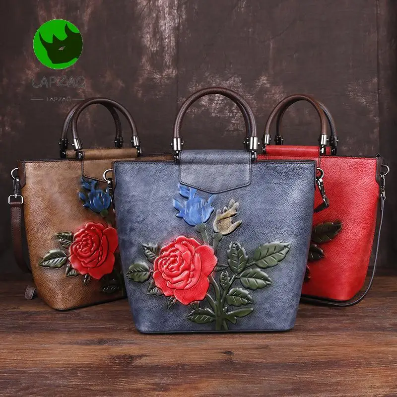 Lapzag High quality 100% real Cowhide Women Embossed Tote bags big Luxury Floral Handbags Genuine Leather Shoulder Bag for girls