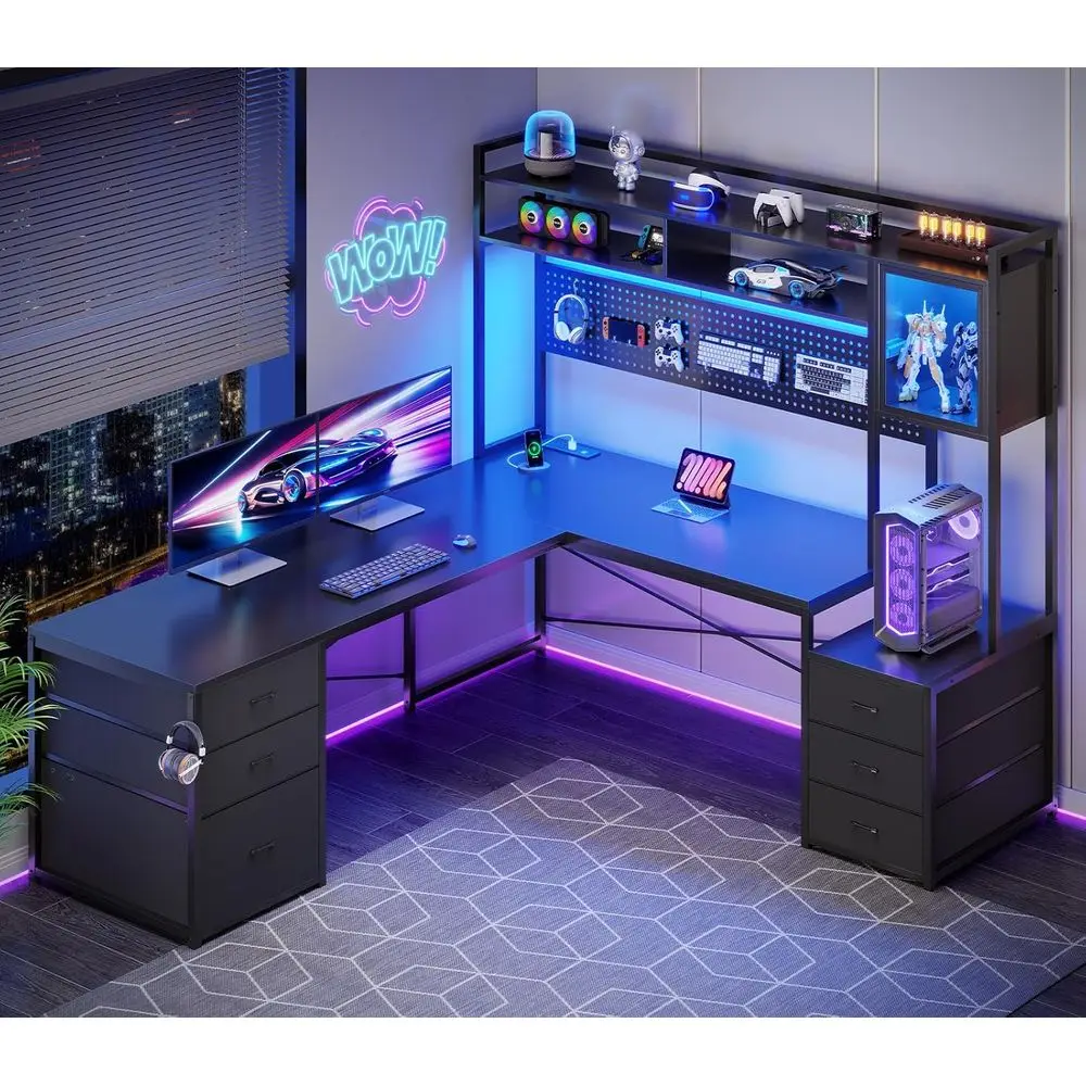 

L-Shaped Gaming Desk with Drawers, Reversible, LED-lit, 2-Person, Black