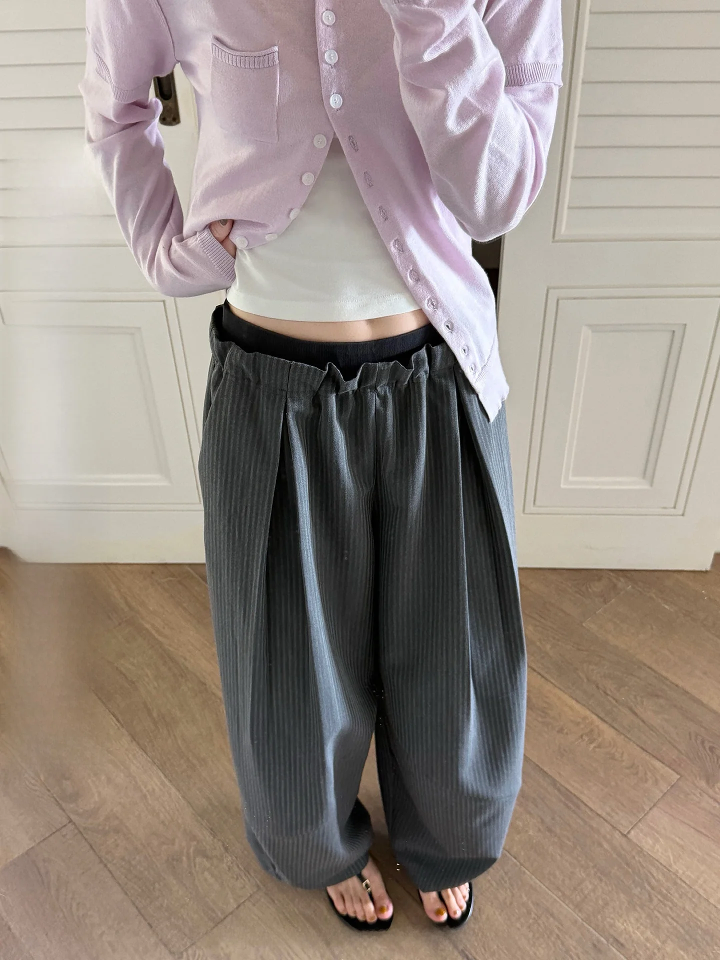 

ey Wide Leg Casual Pants Women's Loose Fit Spring Korean Sle Double Waist Line Slimming Long Trousers Casual Faion