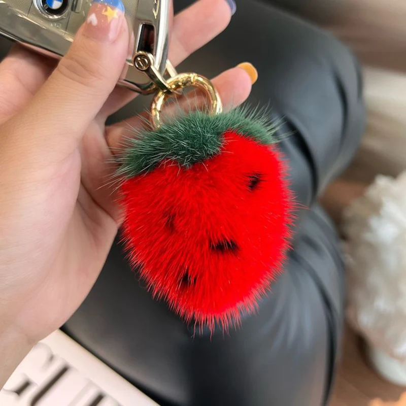 Mini schattige echte nertsbont kleine aardbei auto sleutelhanger hanger pluche bal tas decoratie