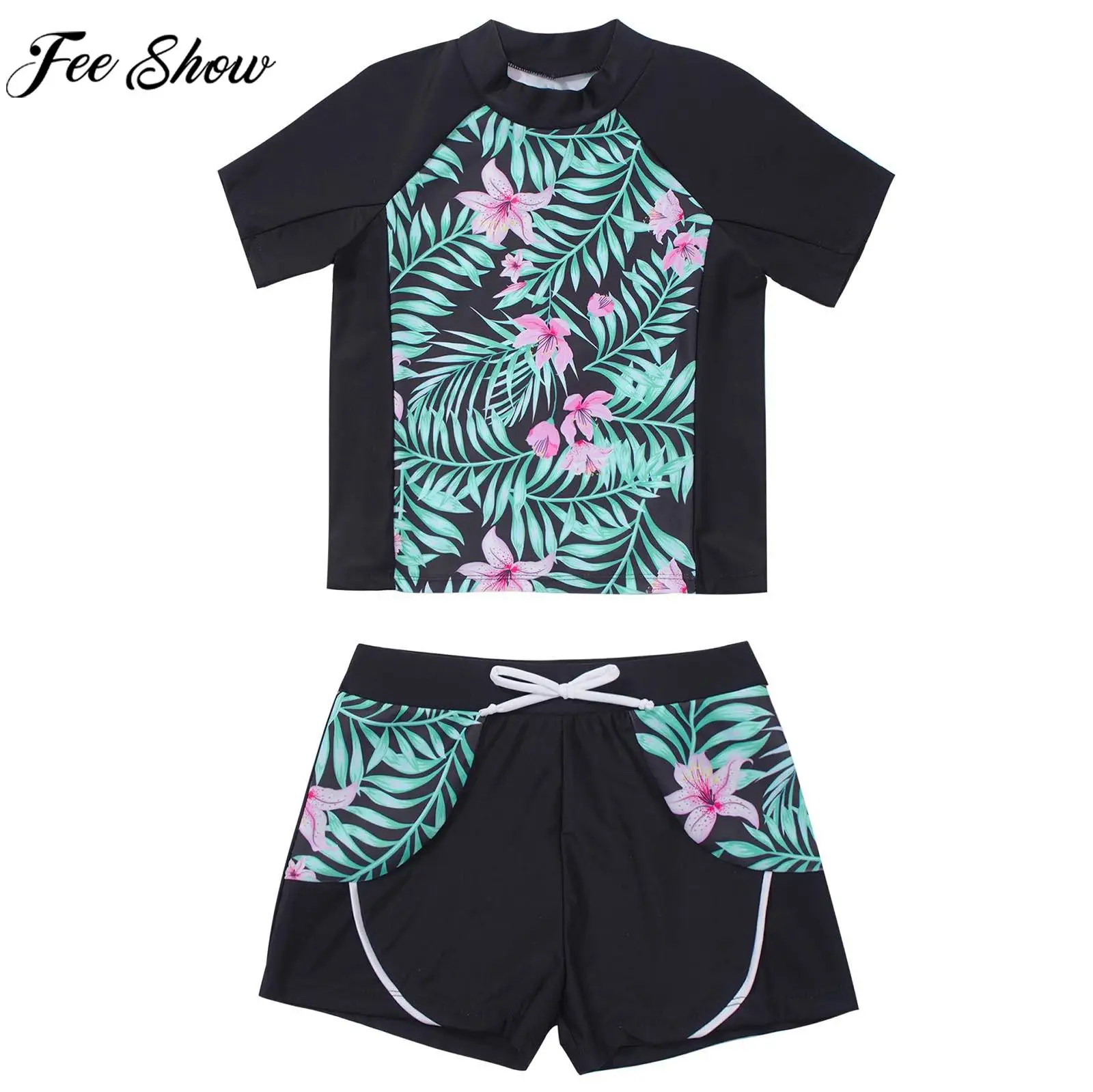 

Kids Girls Two-piece Floral Print Swimsuit Short Sleeve Top and Drawstring Shorts Summer Beachwear Swimwear Bathing Suits