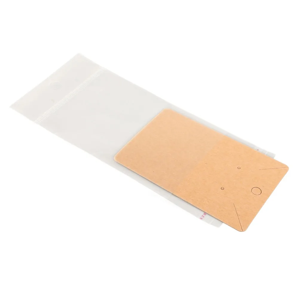 100pcs Hanging Holes Earring Display Cards Transparent Bag Self Adhesive Bags Jewelry Display Cards Kraft Paper Brown