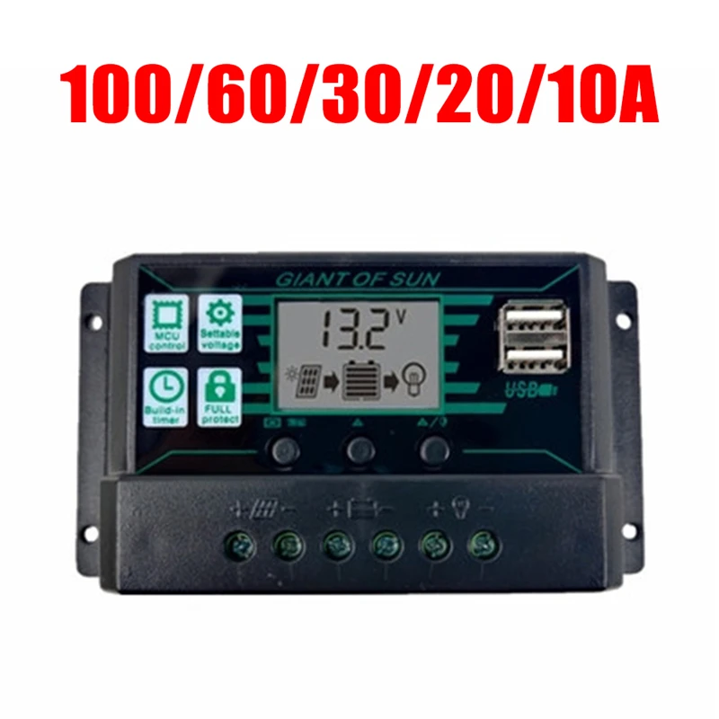 10/20/30/40/50/60A Solar Charge Controller 12V 24V Automatic Solar Cells Charging Board Controller USB 5V LCD Display Regulator