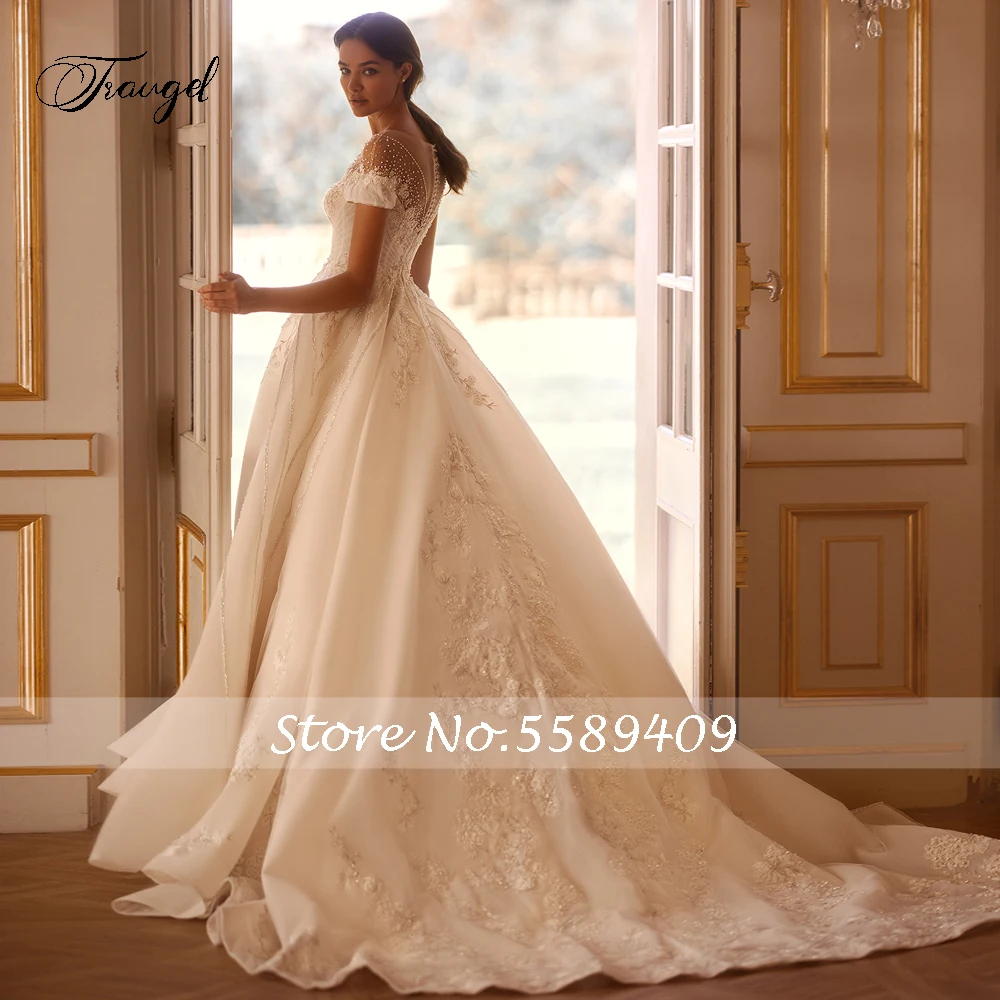 Customized Elegant Scoop Neck Short Sleeve Vintage Wedding Dresses Luxury Appliques Beaded Court Train Pleat A Line Bridal Gown