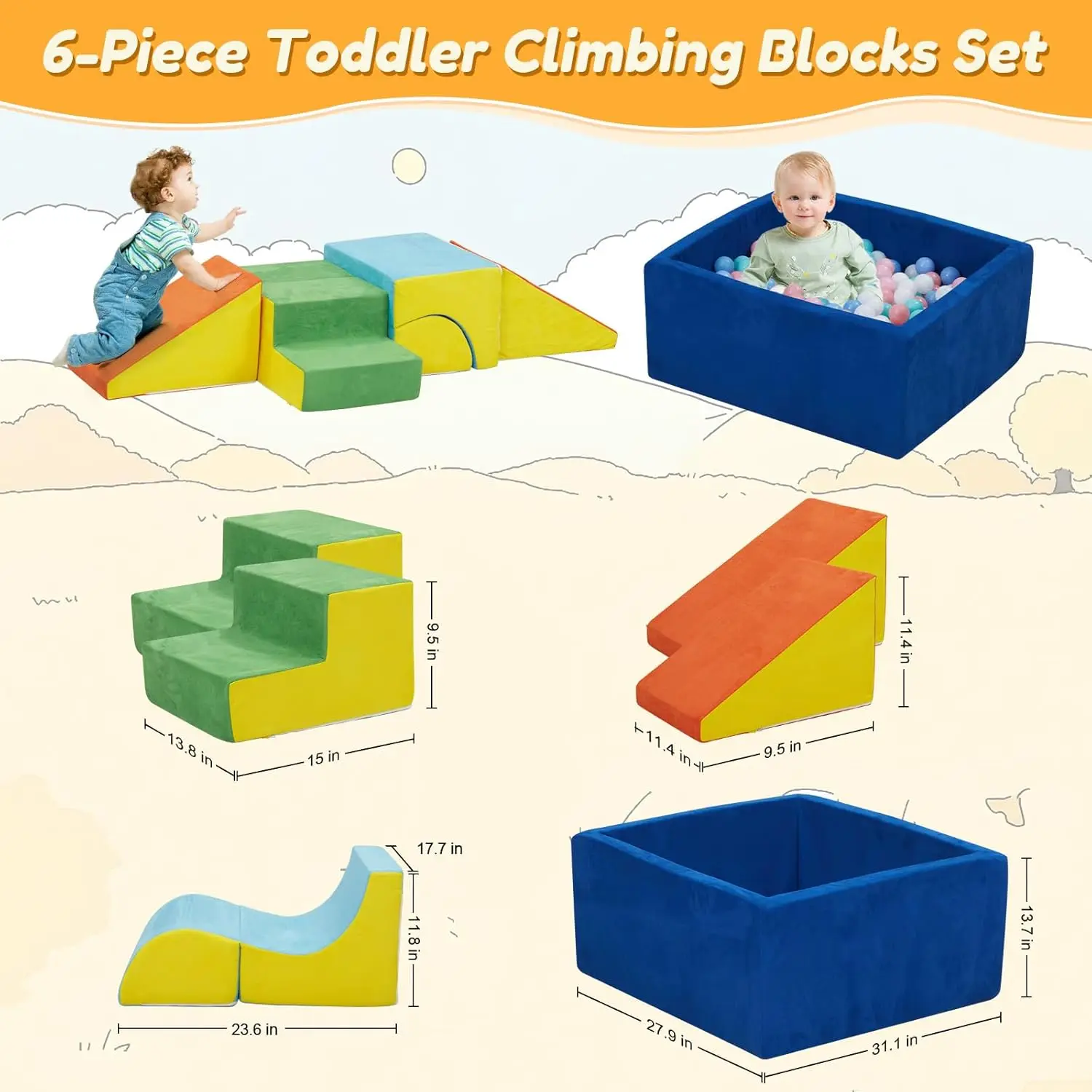 Weiche Schaumstoff-Kletterblöcke, Bällebad, 6 Stück, weiches Spiel-Kletterspielzeug für Kleinkinder im Innenbereich zum Krabbeln, Schiebebäude (Bälle nicht im Lieferumfang enthalten).