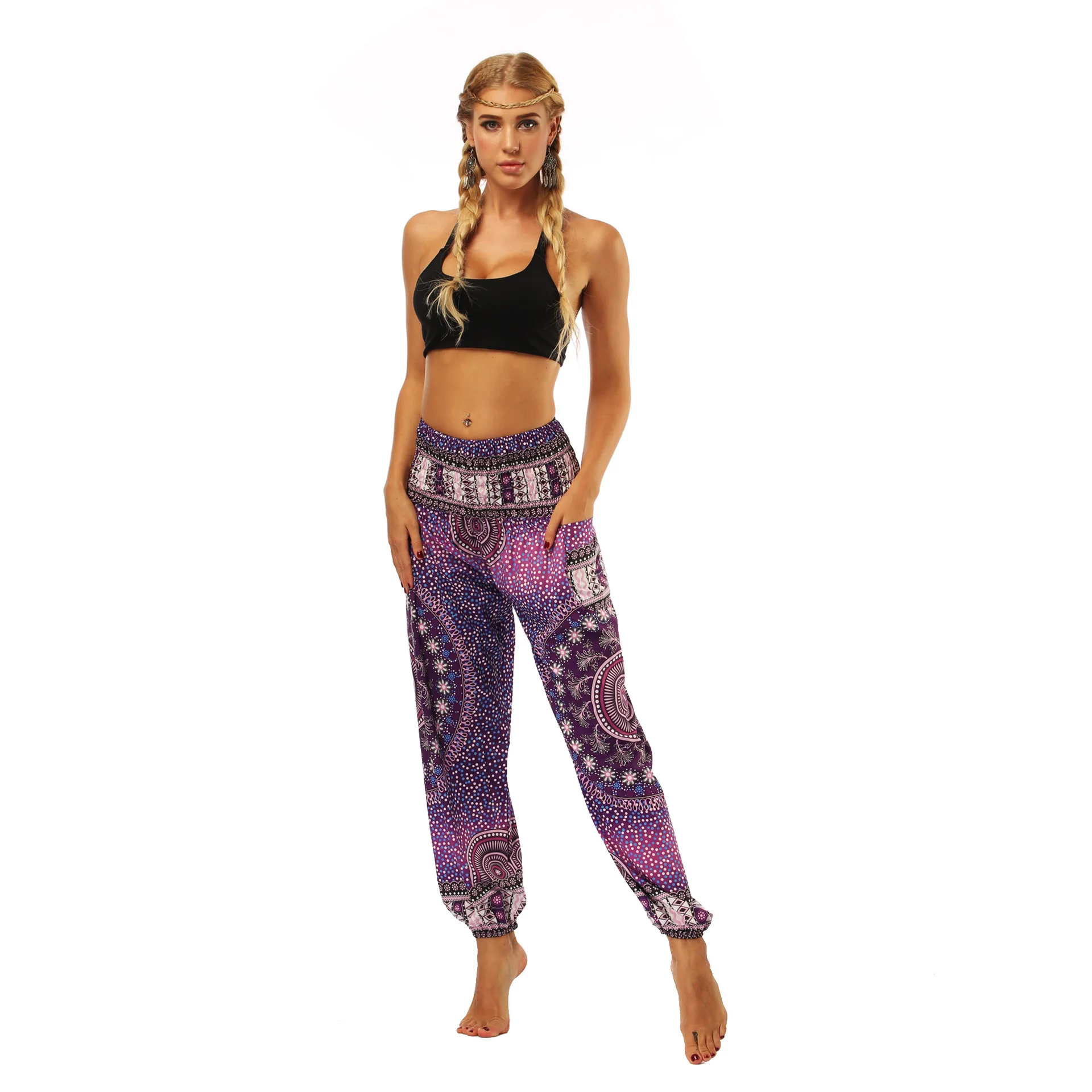 Ethnic Style Bohemian Thailand Lantern Pants Beach Casual Printed Yoga Pants Female Summer Cotton Silk Harem Pants Thin Vintage