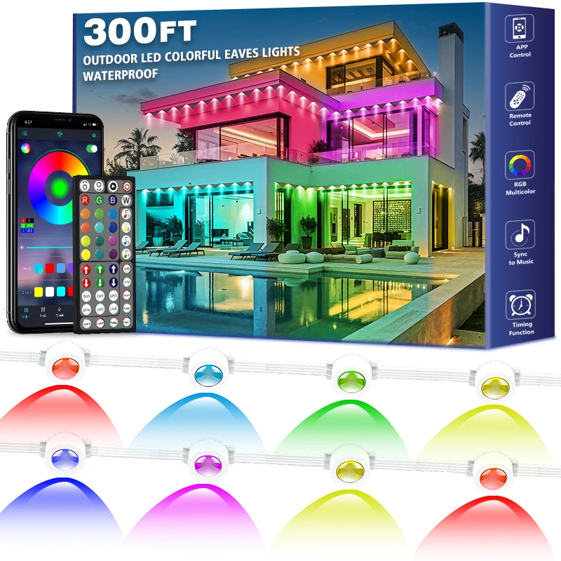Outdoor Power Strip Weatherproof - Permanente RGB-Außenbeleuchtung 300FT, IP67 Wasserdichte Smart-Dachrinnenbeleuchtung,