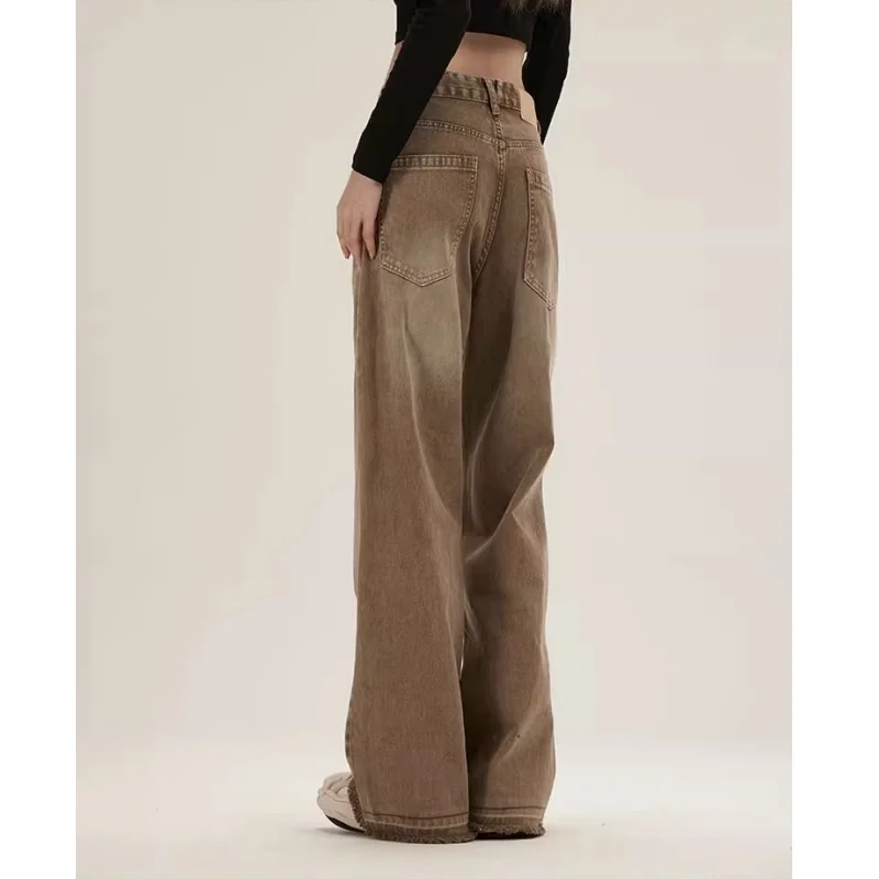 Brown NEW Y2k Loose Women\'s jeans American High Street Worn out Wide Leg Pants TIKTOK Hip-hop Rock and Roll Style Baggy Trousers