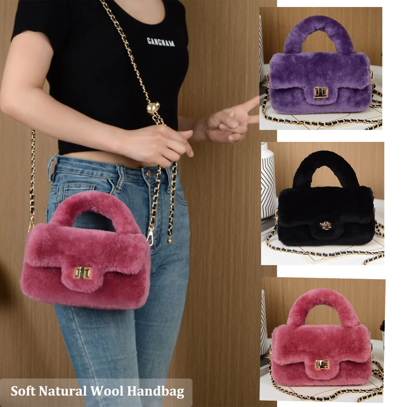 

New Wool Bags For Woman Tote Bag Genuine Fur Solid Color Luxury Bags Designers Plush Y2k Bag Handbag Women Crossbody Shoulder Ba