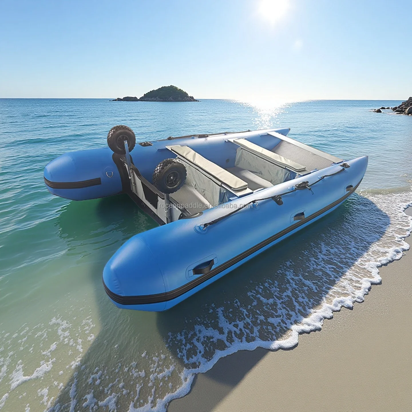 

Truekit Style Factory Price 12ft 13ft 14ft Folding Air Floor Inflatable Catamaran Boat Fishing Boat With Wheels