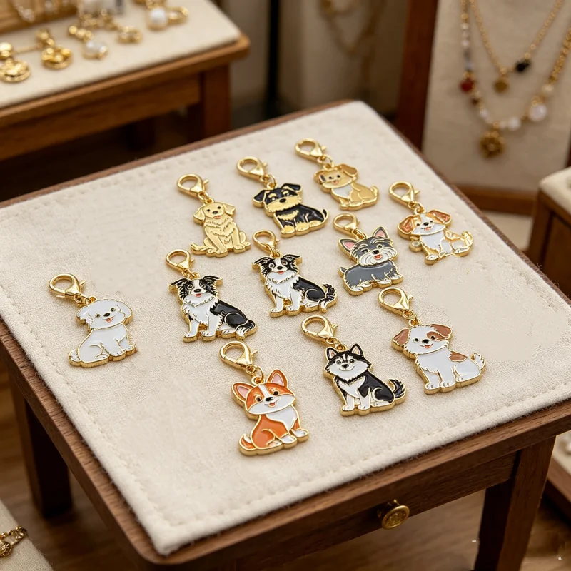 11Pcs Cute Cartoon Dog Keychains Alloy Enamel Puppy Charms, Corgi Husky Poodle Bulldog Schnauzer Bag Purse Backpack Car Key Pend - view 3