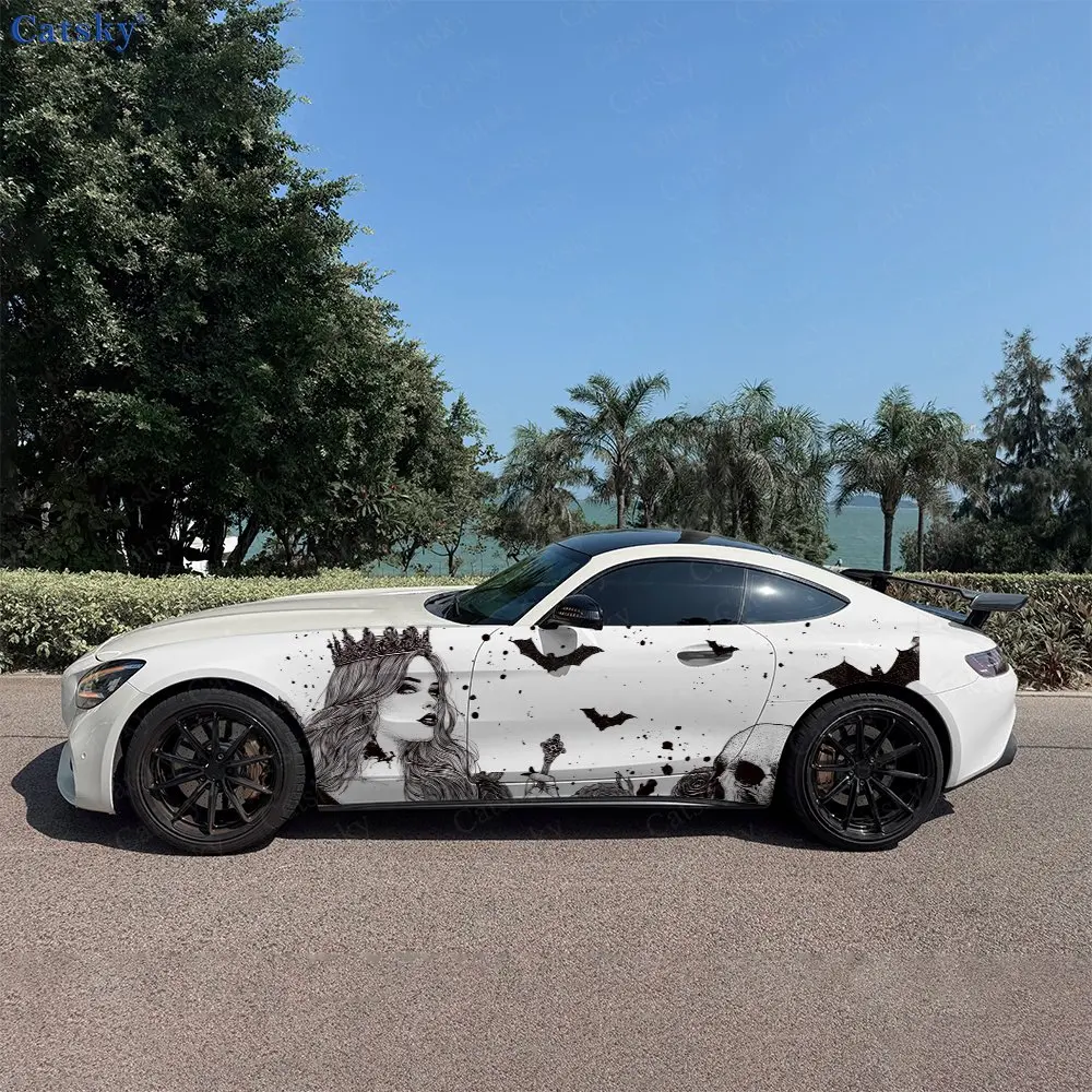

2pcs Gothic Dark Woman & Crow Car Side Wraps, Self-Adhesive PVC Waterproof & Scratch-Resistant Stickers, Car Accessory Gift