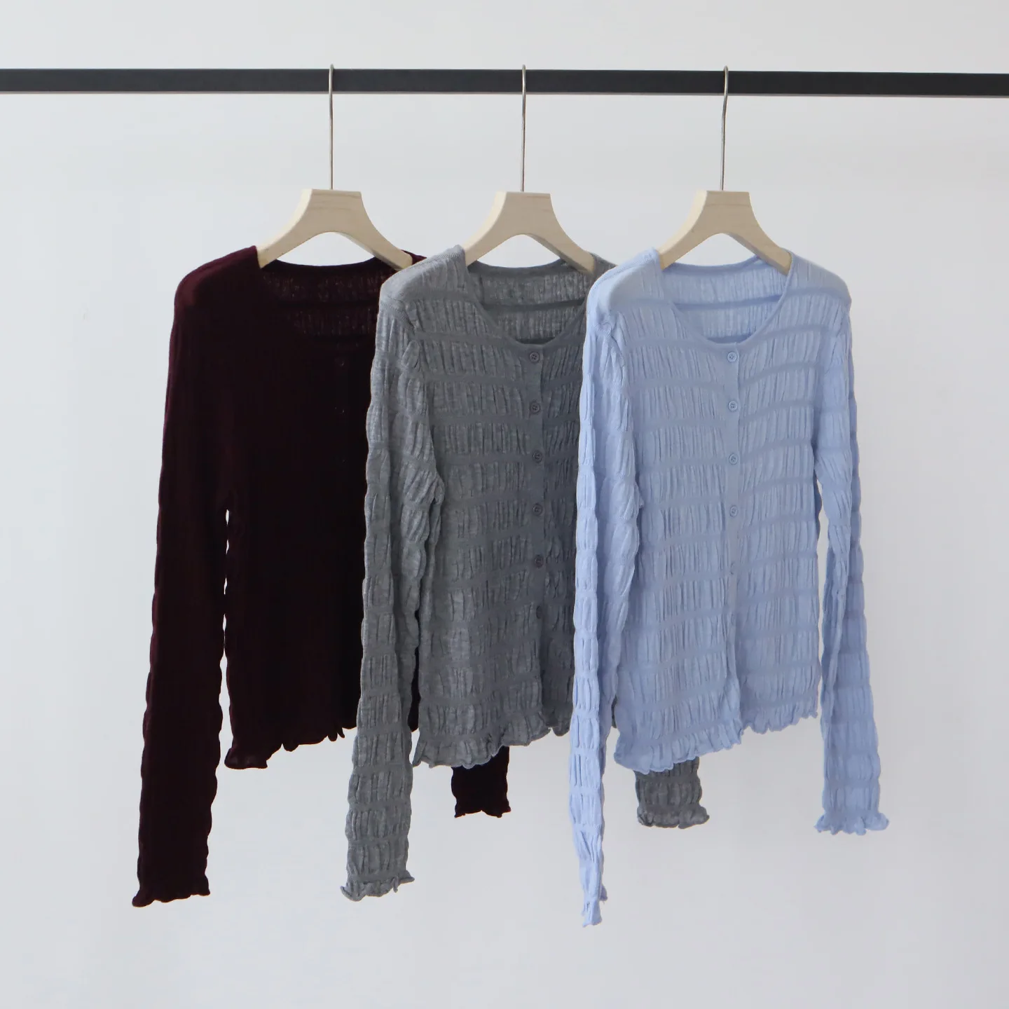 

Women Solid Thin Cardigan Sweaters Knitted Jumpers Seersucker Texture Long Sleeves O Neck Single Breasted Casual 2025 Autumn