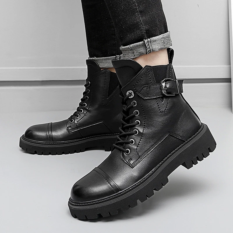 Winter Genuine Leather Boots Black Warm Plush Platform Thick Soled Ankle Boots All-match Mens Fashion Casual Men Motorized Boots