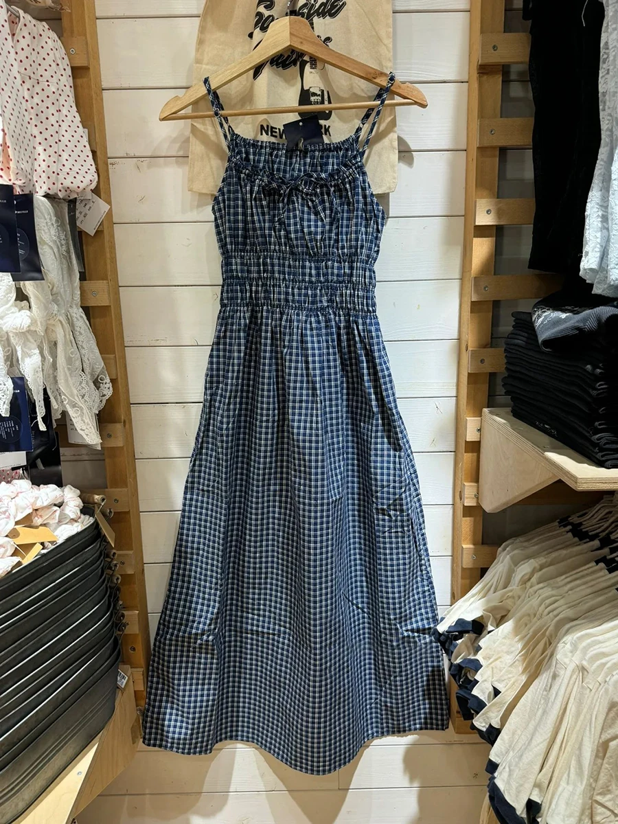 Nuovo Blu Plaid Maxi Vestito Donna Estate Elastico in Vita di Cotone Lace-up Pieghe Senza Maniche Abiti Retro Carino Lungo Camis Abiti Y2k