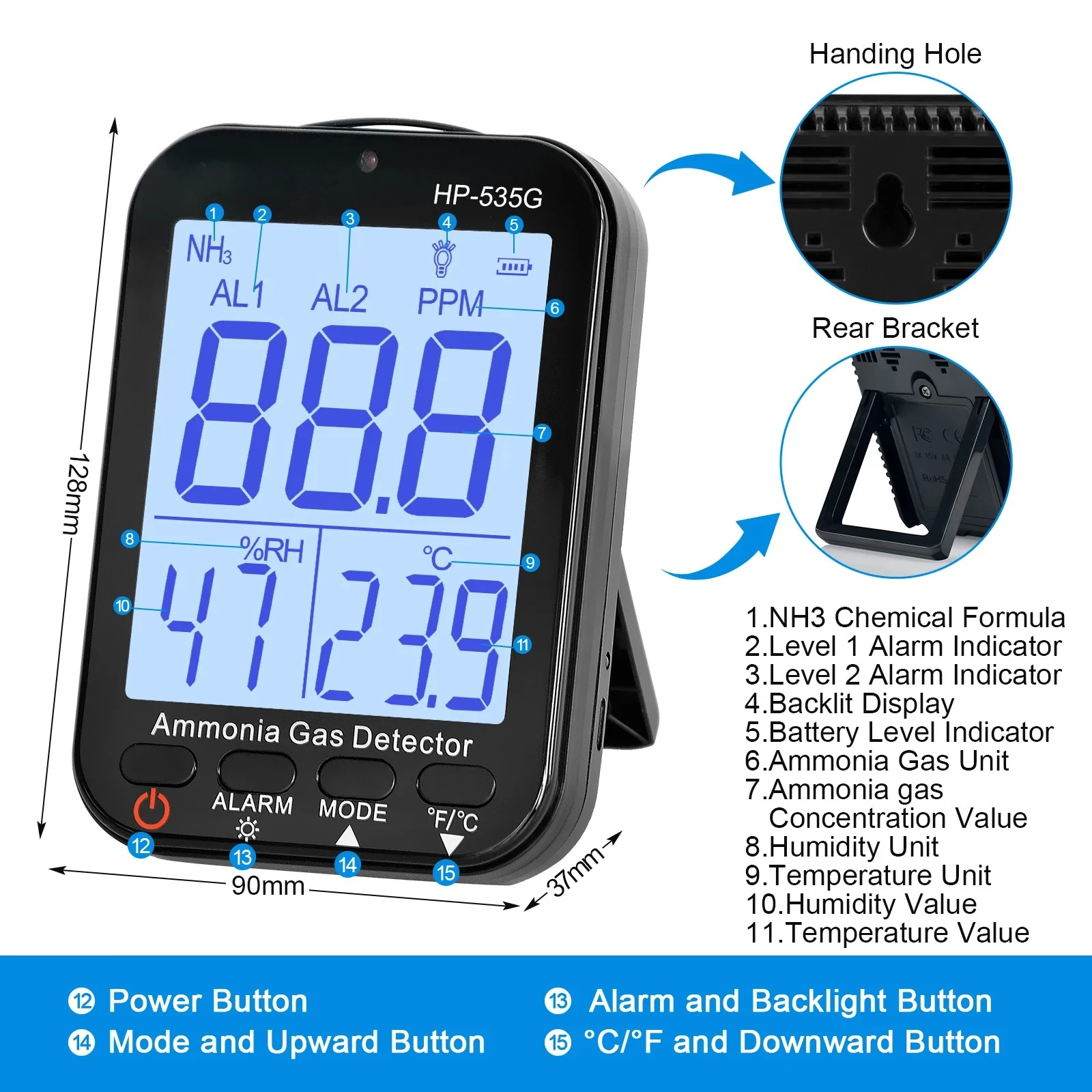 Ammonia Gas Detector, NH3 Gas Leak Alert with Sound and Light Alarm, Portable Indoor Air Quality Meter, 0-100ppm Range