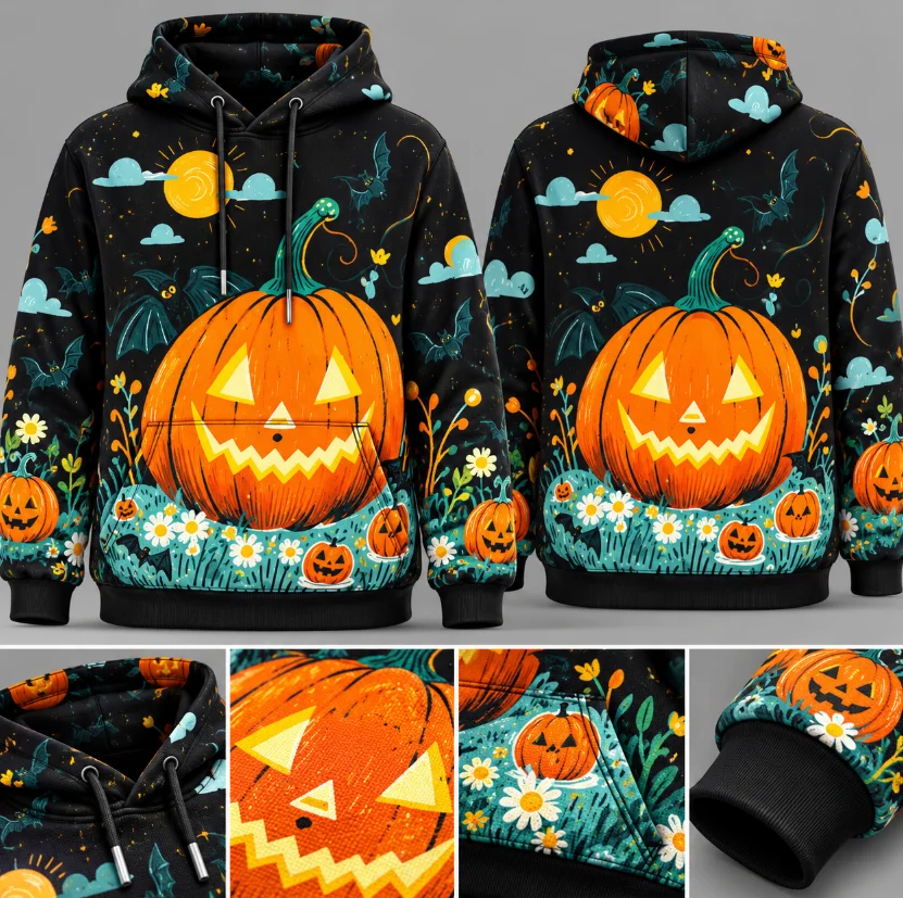 Cartoon Pumpkin Bat Halloween All Over 3D Print Hoodie Unisex, Jack O Lantern Floral Cloud Theme Hooded Sweatshirt Haikyuu Kawai