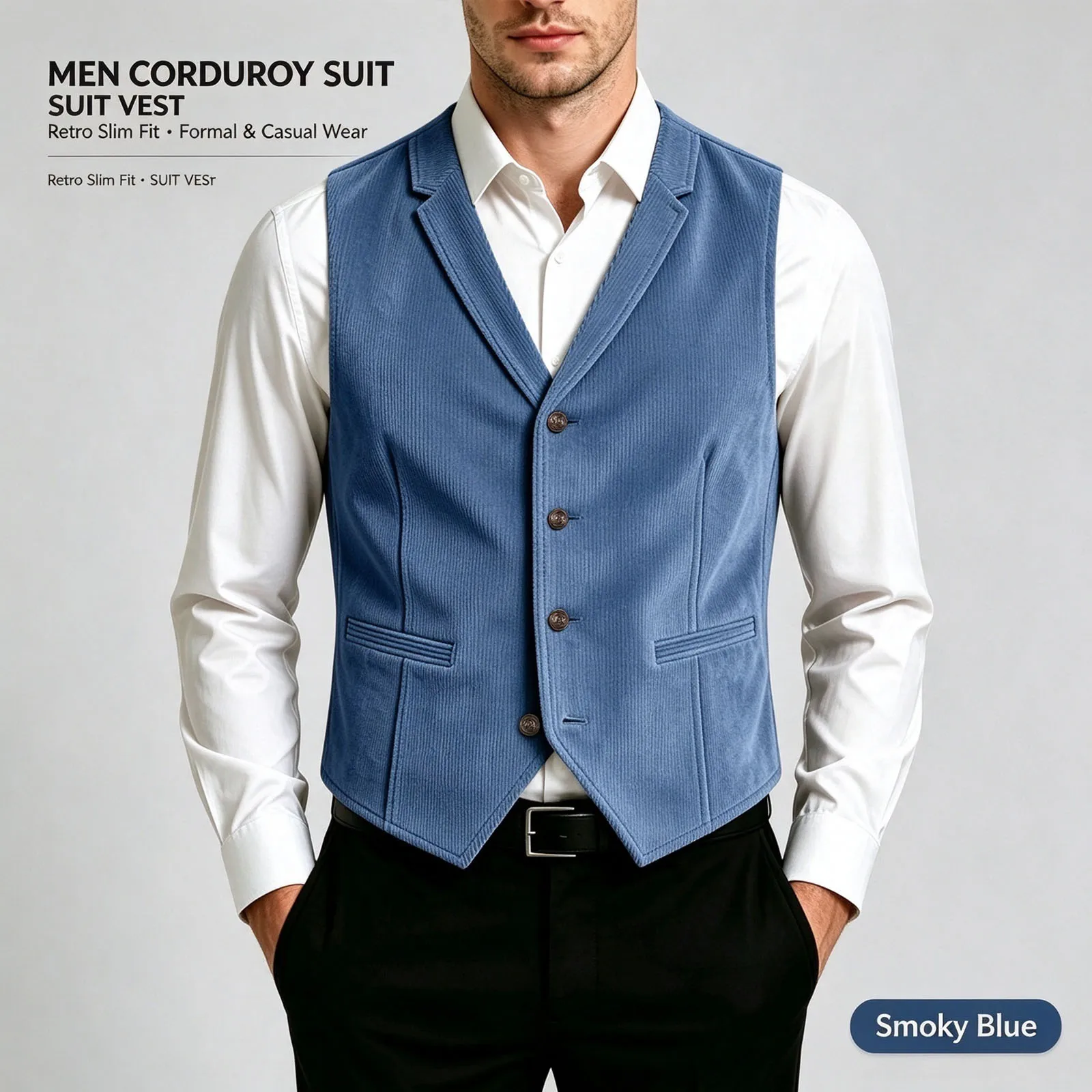 Mens Vintage Corduroy Suit Vest Lapel 4 Buttons Slim Fit Waistcoat Sleeveless Formal Tuxedo Vest Wedding Groomsman Banquet Party