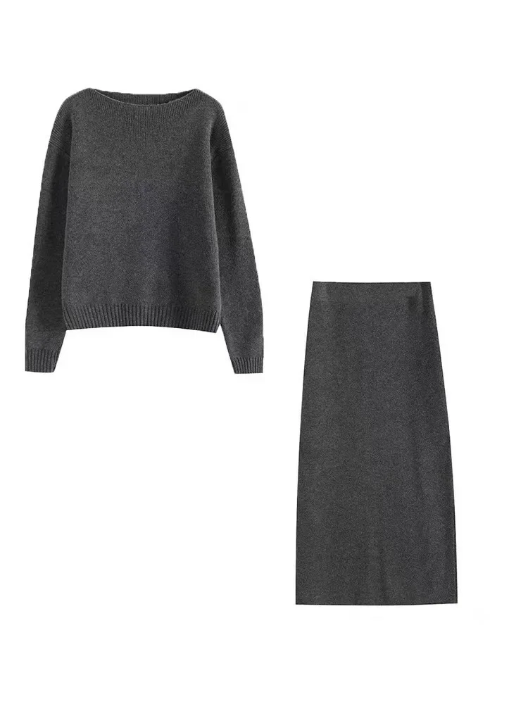 

ZBZA Women's Loose Knit Sweater Skirt Suit Crew Neck Long Sleeve Pleated Pullover Elastic Waist Slit Skirt Spring New Chic Set