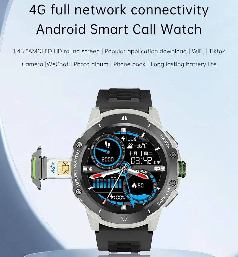 New Smart Watch with Sim Card AMOLED 5G/4G Ultra Long Life Men Heart Rate Blood Oxygen Health Monitoring Sport 128G Phone Watch