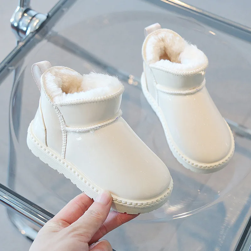 New Winter Kids Shoes Pure Color Waterproof Clear Ankle Boots Furry PU Leather Snow Boots Non-slip Boys Girls Short Boots F08222