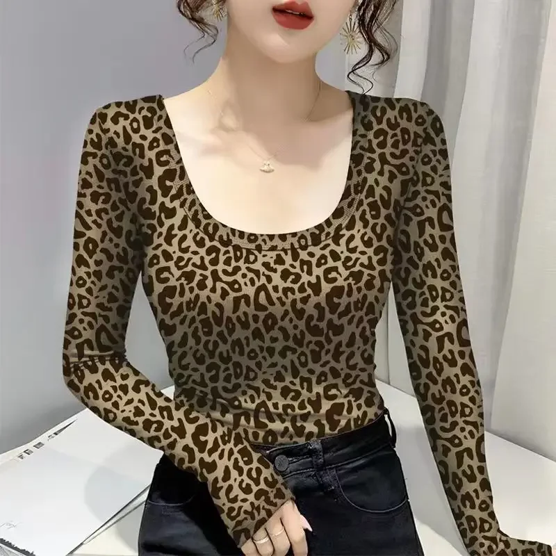 Female Tops Leopard Print Sexy Clothes 2024 Tshirts Crop Women\'s T Shirts Tees Slim Designer with Sleeves Aesthetic Fitted Emo O