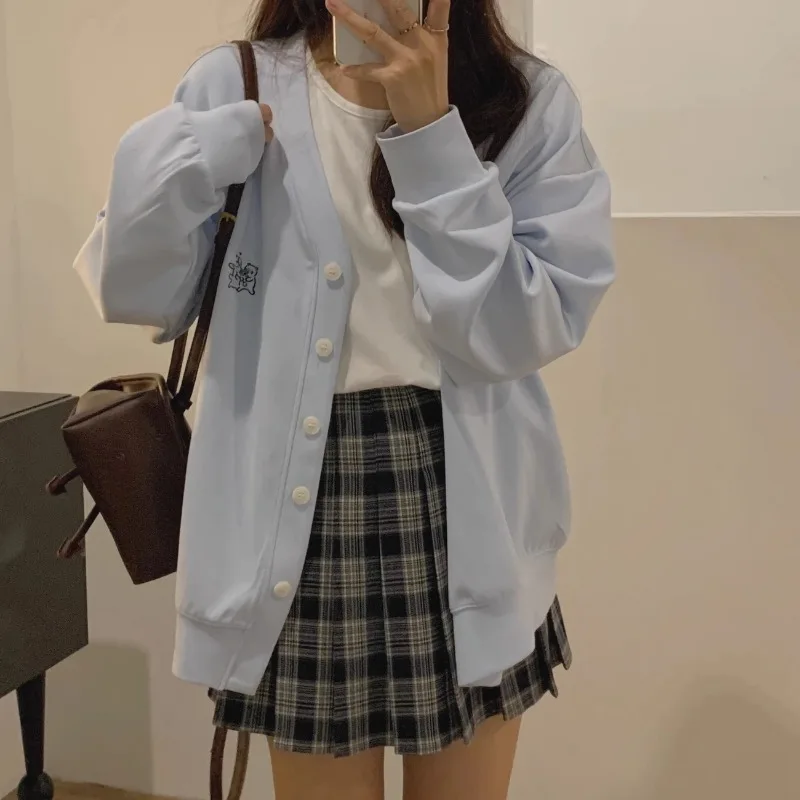 Women Ins Korean College Style Rabbit Embroidery V Neck Cardigan Loose Student Jacket Outerwear