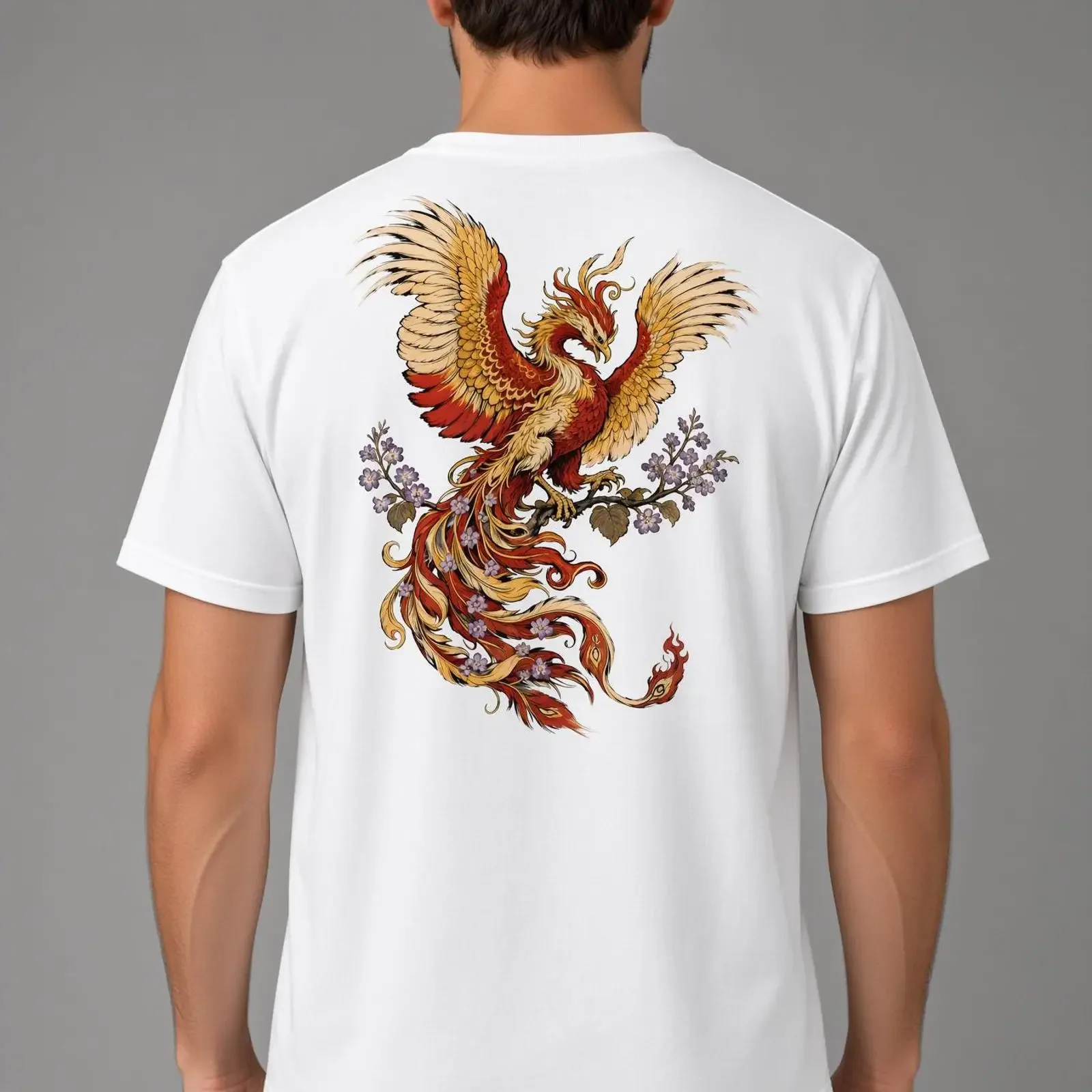 Japanese Phoenix T Shirt Irezumi Tattoo Art Back Print Sakura Fire Bird vintage Washed Stretched graphic fashion Versatile