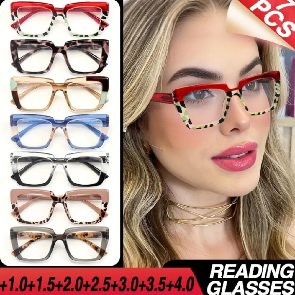 7 pairs of large frame gradual change reading glasses, with spring hinge to fit the face, women's reading glasses, fashionable wear, daily use assistance and party, can be used for driving, Christmas Halloween gift recommendation, random color