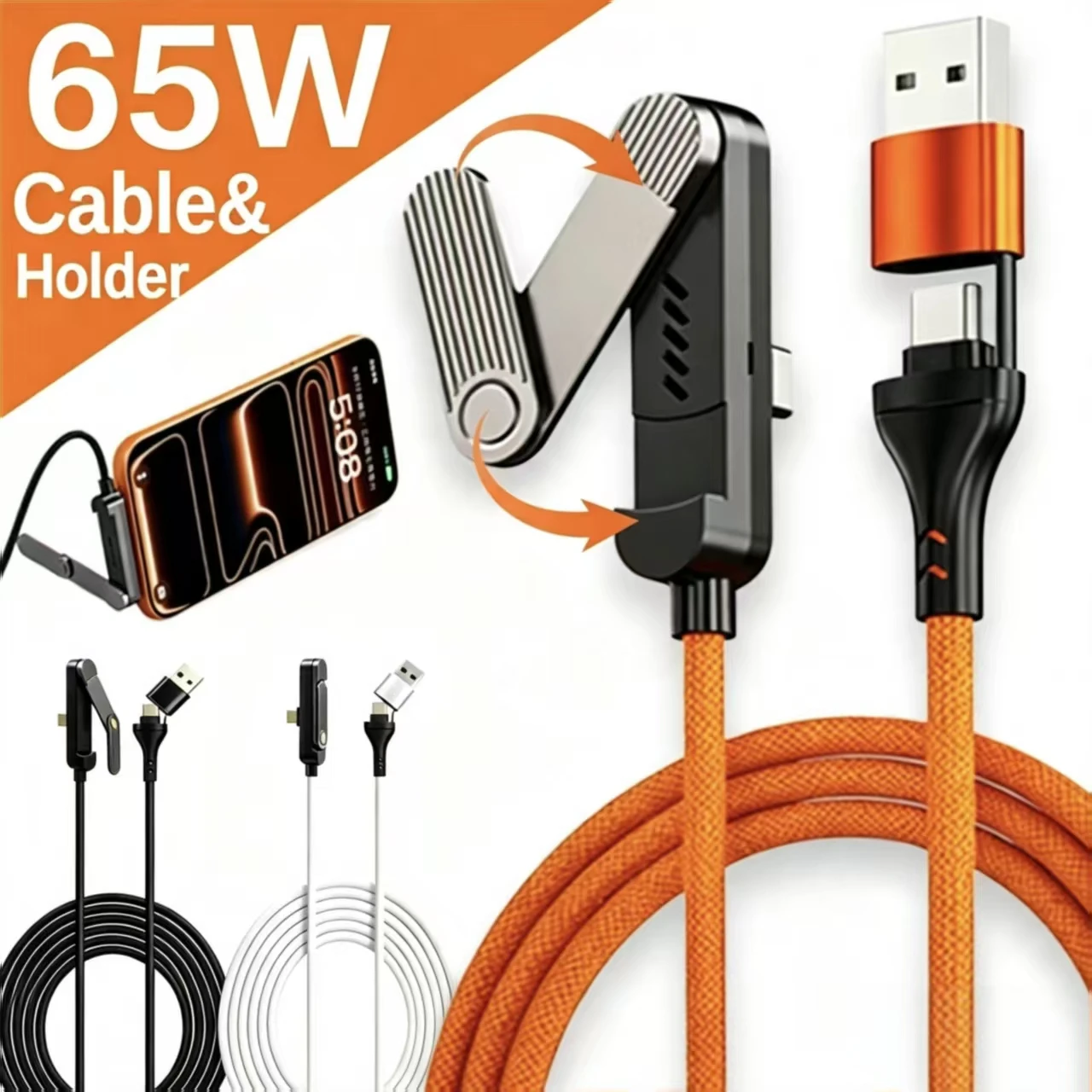 2in1 USB A Type C Cable 65W Fast Charging Cable with Foldable Stand Mobile Phone Holder Quick Charge Wire for iPhone 18 pro Max