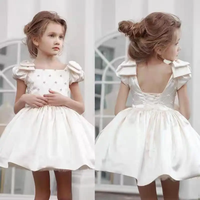 

Flower Girl White Pearl Dress Children Birthday Baptism Dresses For Kids Elegant Frocks Girls Boutique Party Wear Vestidos