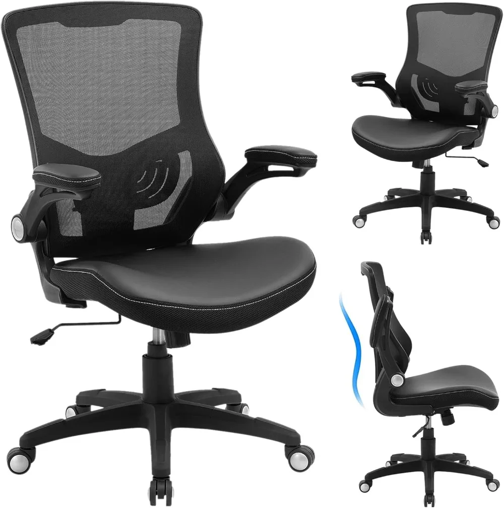 Computer PU Leather Home Office Desk Chair, Mesh Adjustable Lumbar Support Flip-up Armrests Executive Task Chair