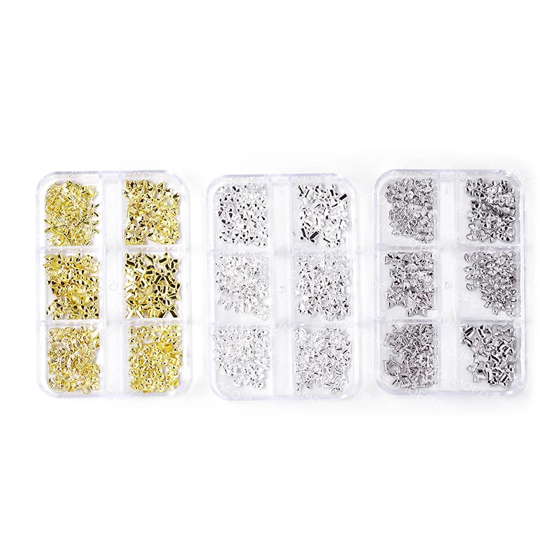 【Peace】6 Grids Mini Bow Nail Charms Gold Silver Bow Pearl Nail Rhinestones Nail Decoration Parts Manicure Accessories