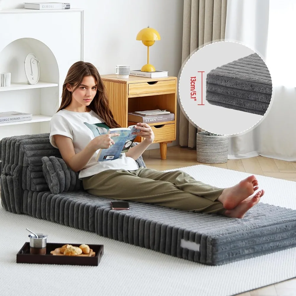 سرير أريكة سروال قصير 4 أضعاف - كرسي نوم قابل للتحويل مع وسادة مستطيلة، مرتبة أرضية للإعلان #6