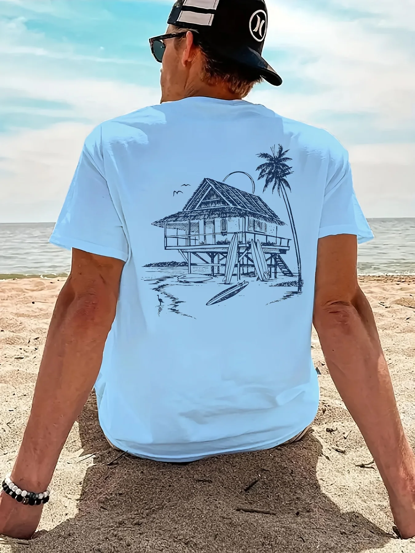Beach Hut Sketch Print on Premium Soft 100% Cotton Mens T Shirt Perfect for Summer Casual Beach Vacation Style