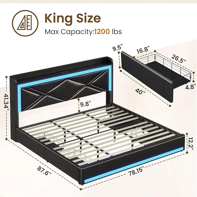 King Size Bed Frame with Storage Drawers & LED Lights Headboard, Faux Leather Platform Bed No Box Spring Needed Black