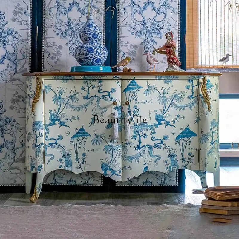 French Chinese Style Sideboard Cabinet Blue and White Hand Drawn Locker