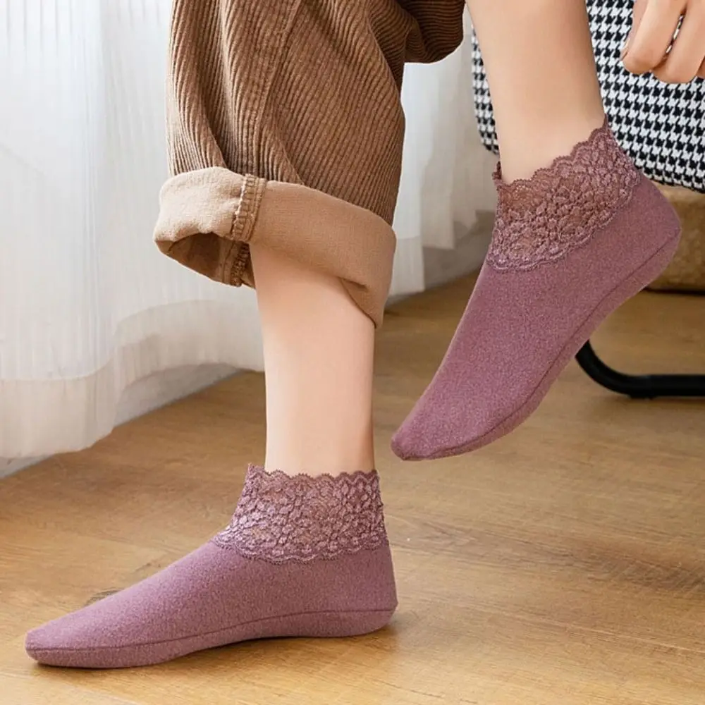 

10Pairs Sweet Solid Color Winter Floor Shoes Non-slip Lace Socks Hosiery Indoor Home Slippers Student