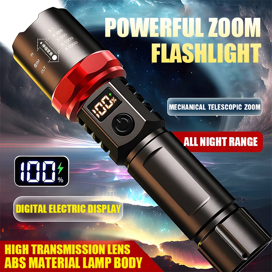 High Strong Power Led Flashlights Tactical Torch with Display Light USB Charging Camping Fishing Emergency Zoom Lantern