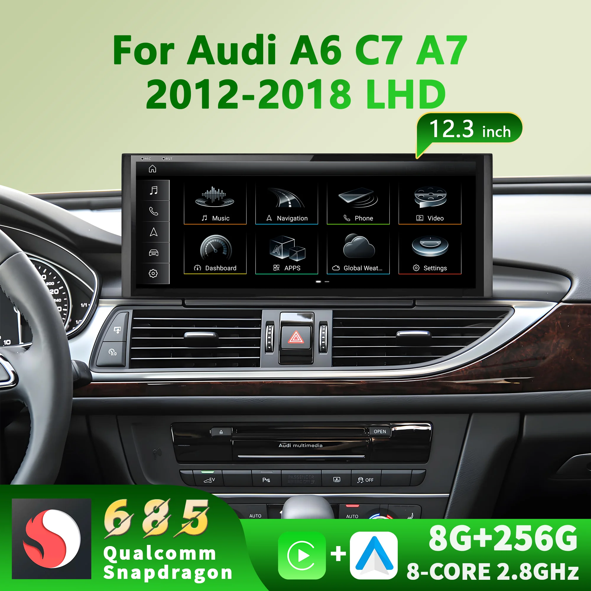 12.3'' Android 14 For Audi A6 C7 A7 2012-2018 Snapdragon 685 GPS Navigation Car Radio Multimedia Wireless Carplay Touch Screen