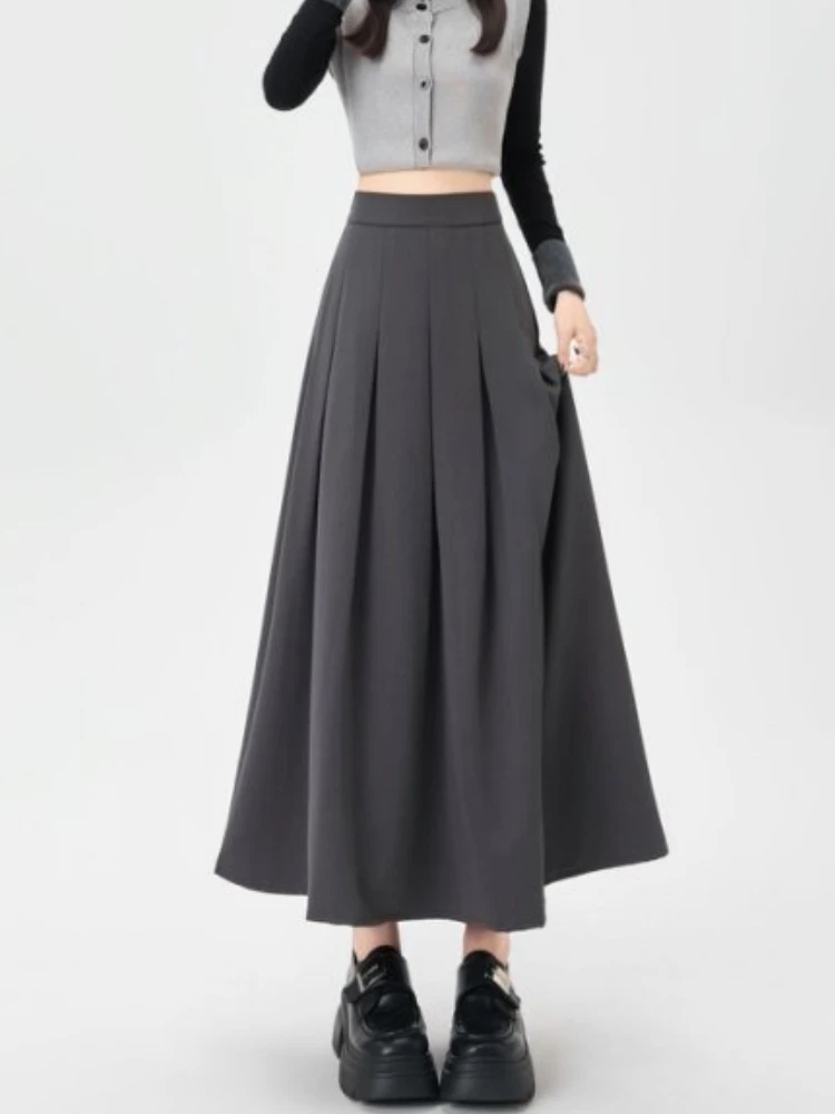 

Qiukichonson Grey Black Long Skirts Womens Suit Skirt 2025 Autumn Winter Korean Office Lady High Waisted Ruffle Pleated Skirts