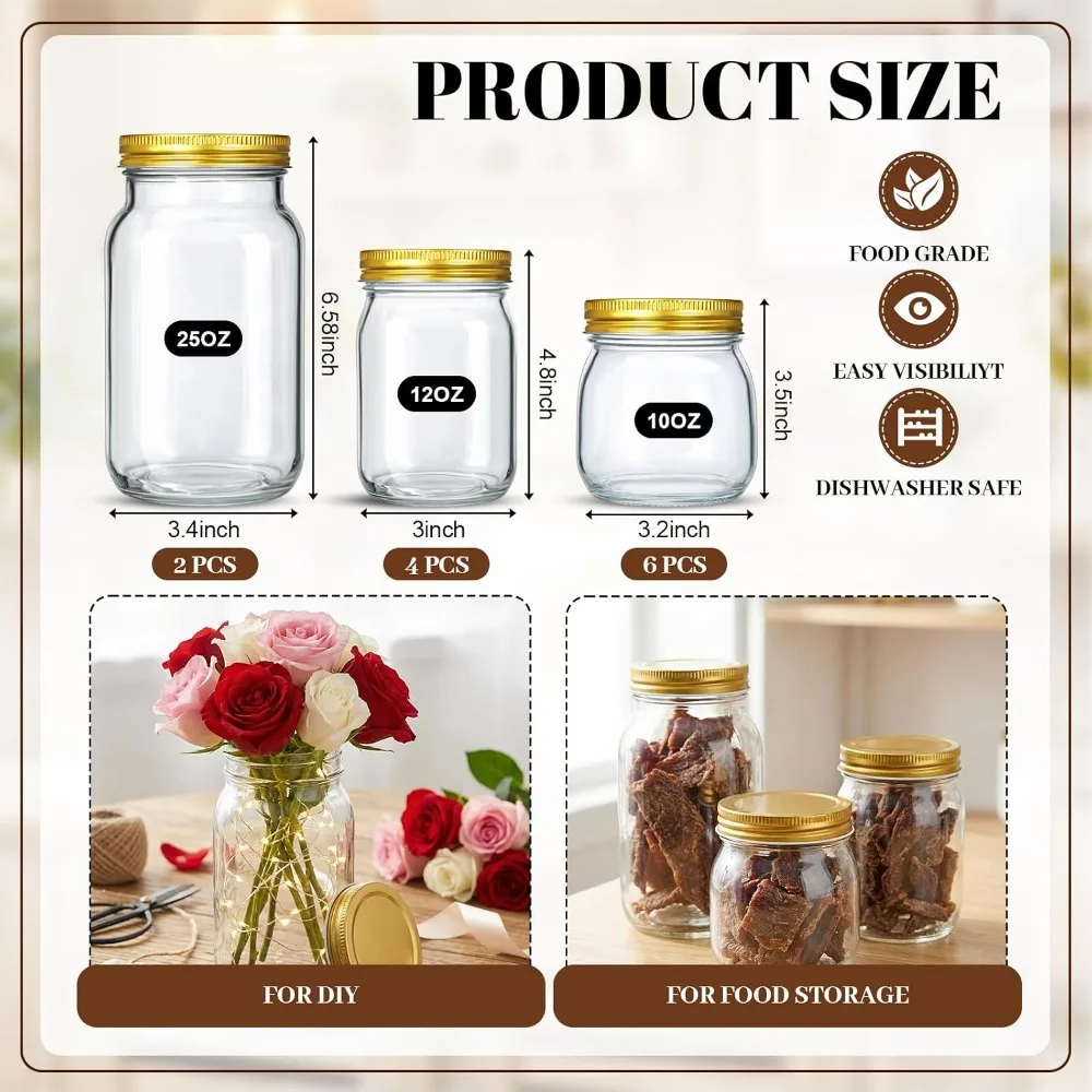 12-Pack Mason Jars: 25oz, 12oz, 10oz Glass Canning Jars with Regular Mouth Lids for Meal Prep, Food Storage, Wedding Favors, DIY Projects